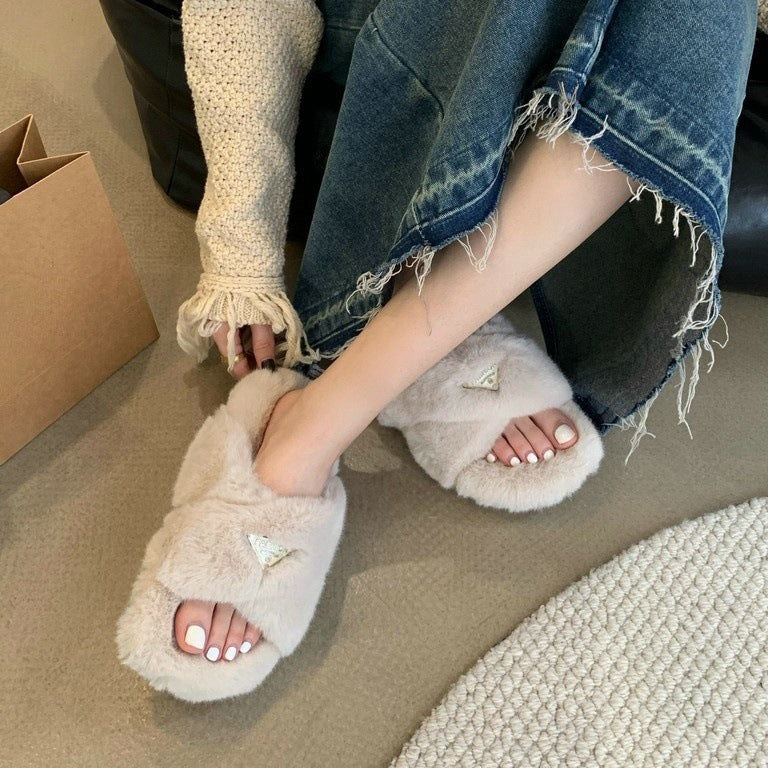 2025  popular autumn and winter new fluffy thick-soled slippers triangular metal buckle crossed flat-bottomed plush slippers open-toed one-word drag