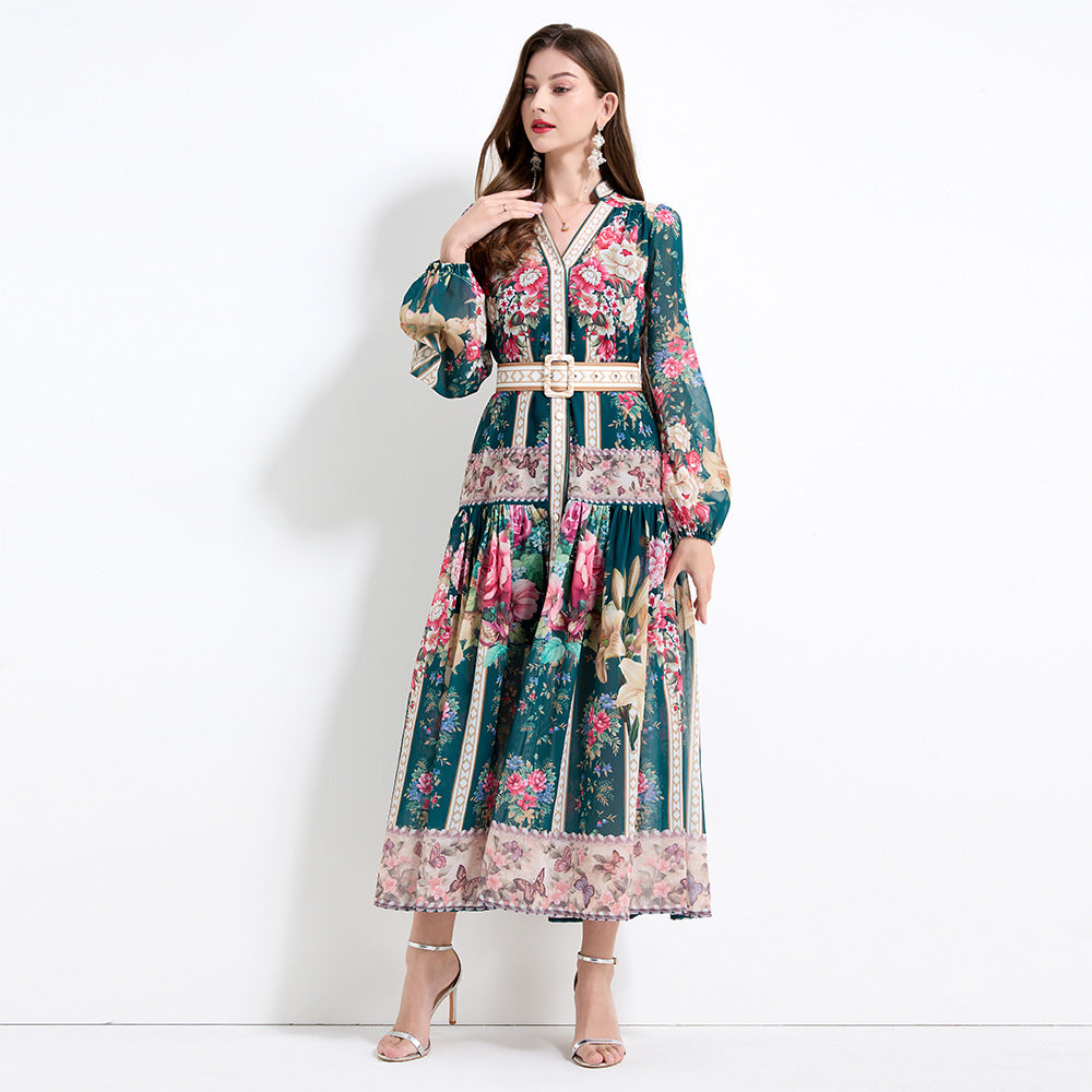 Hot Trade Women's Clothing Court Style Lantern Sleeves Printed Long Sleeves Temperament Lotus Leaf Edge Long Dress Chiffon Two Pieces