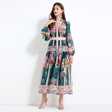 Hot Trade Women's Clothing Court Style Lantern Sleeves Printed Long Sleeves Temperament Lotus Leaf Edge Long Dress Chiffon Two Pieces