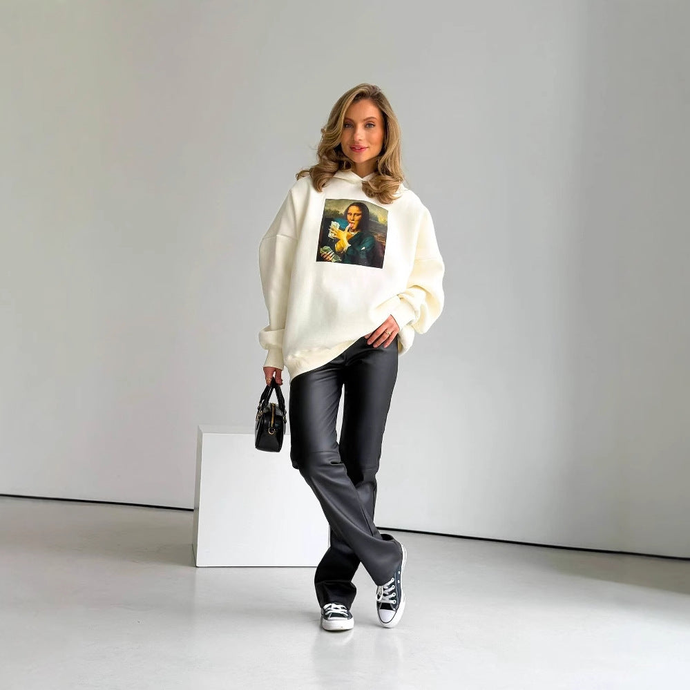Mona Lisa funny fun print hooded loose lazy oversize long sleeve sweater jacket women