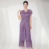 2025 Fashion suit women's high-end summer thin lace hollow blouse top straight pants middle-aged pleated two-piece set