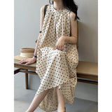Polka dot dress women's summer lazy vacation coffee break  suspender skirt niche design a word neck long skirt