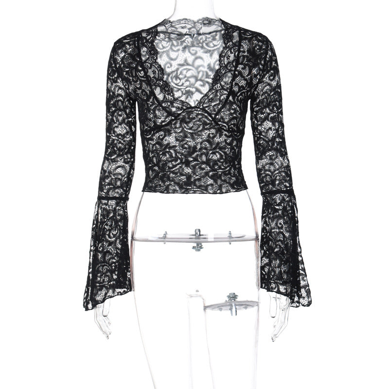 GOOSUDU 2025 ins style hot-selling sexy deep V slim-fitting versatile short open-button lace long-sleeved Spice Girl style lace top