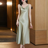 Sexy Sling Dress Women's 2023 Summer plus Size Silk Satin Dress Can Be Outer Wear Inner Wear Mid-Length Overknee A- line Skirt