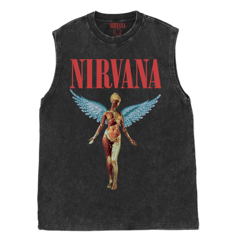GOOSUDU Nirvana Band Rock Nirvana Cobain Cococoben Worn Looking Washed-out Vintage Batik Loose T-shirt
