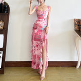 2025 style 2025 spring new women's clothing fresh and sweet pink flower print high split dress