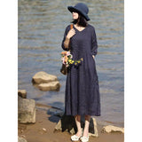 High-end ramie dress  summer new fashion temperament blue elegant loose and thin long dress women