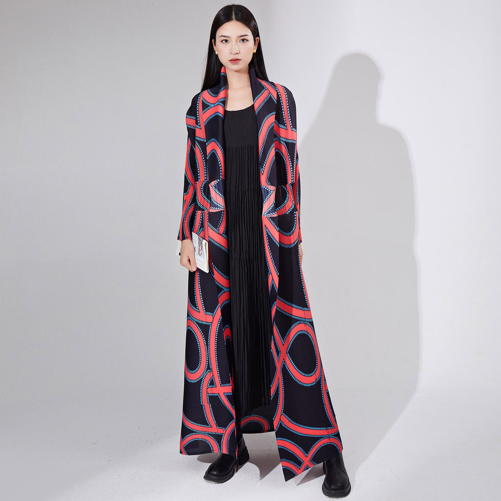 2025 High-quality New trench coat long jacket women's loose printing lace-up lapel pleated temperament coat