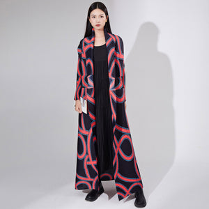 2025 High-quality New trench coat long jacket women's loose printing lace-up lapel pleated temperament coat