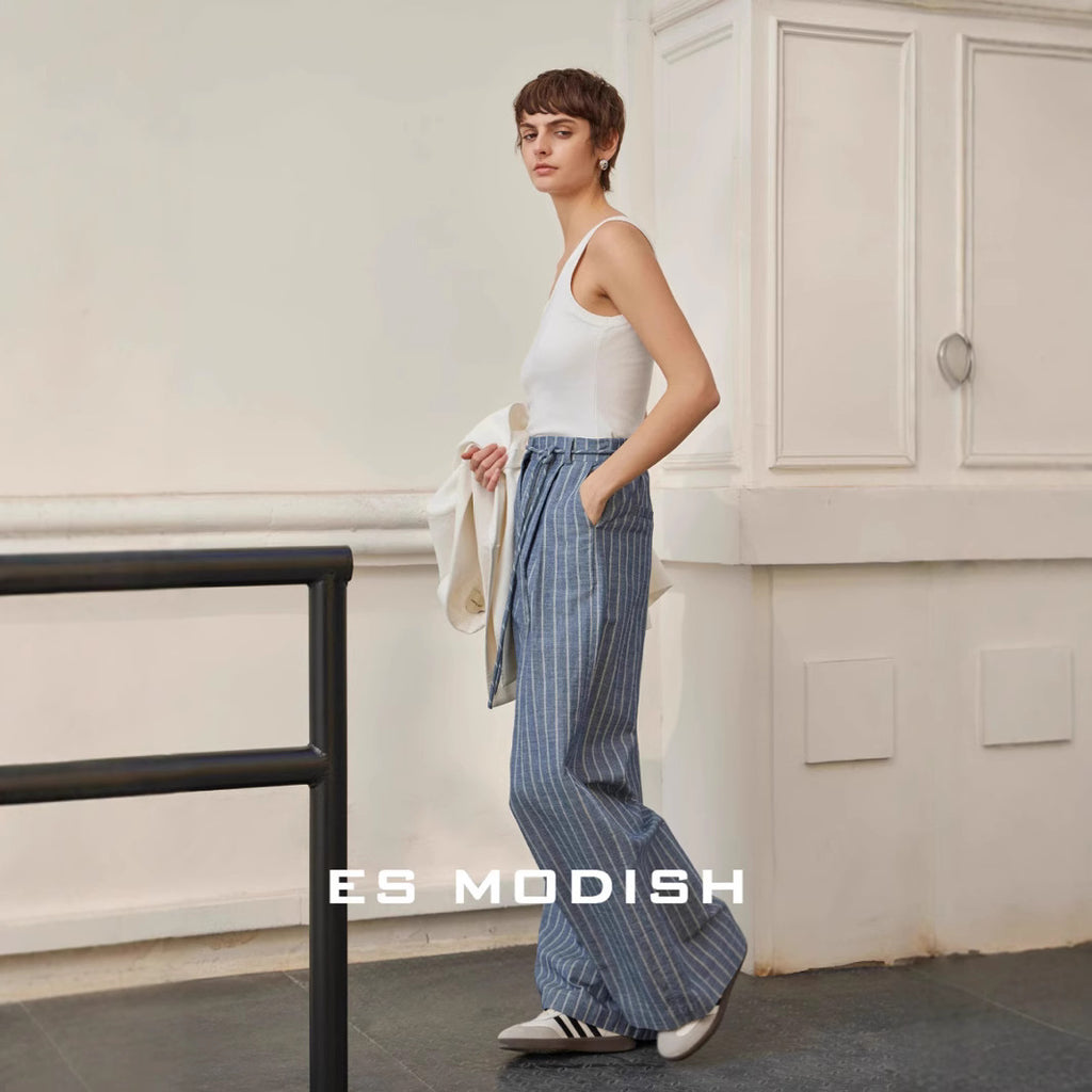 2025 ES MODISH spring new product, Korean vertical striped high street loose wide-leg casual pants (with waist rope) for girls