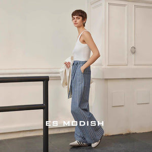 2025 ES MODISH spring new product, Korean vertical striped high street loose wide-leg casual pants (with waist rope) for girls