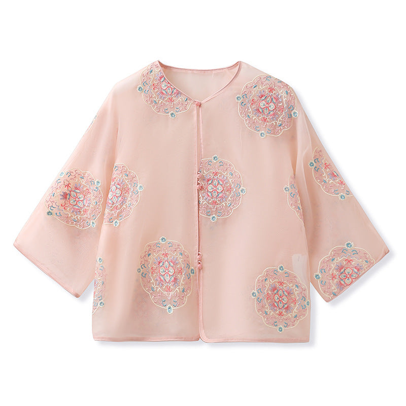 New Chinese light lotus root pink mulberry silk shirt summer thin high-end heavy industry embroidered loose top M6032