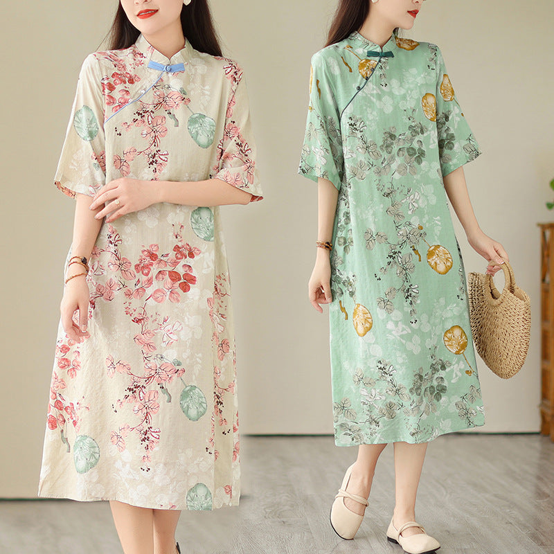 summer new temperament literary and retro printing national style diagonal placket temperament stand-up collar dress improved cheongsam skirt