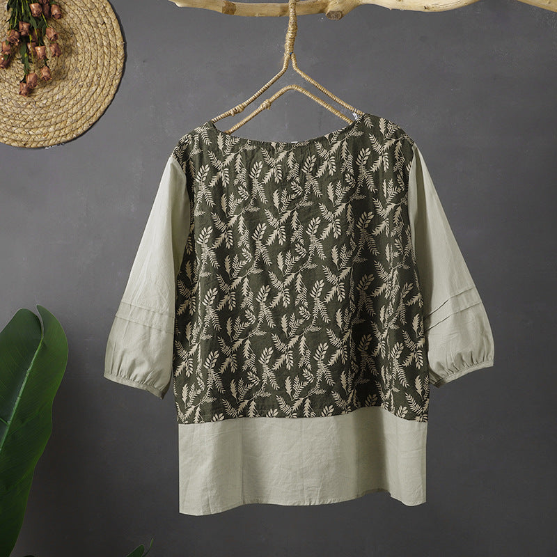 Cotton and linen set, summer  new literary and retro printing fake two-piece top, Harlan pants slim two-piece set