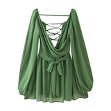 Wholesale 2025 Summer New European and American Multi-Color Sexy Mesh Long Sleeve Tied Backless Mini Dress Women