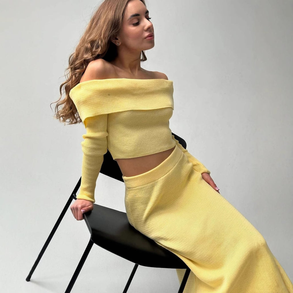 slim skirt women's pure desire style long-sleeved knitted elegant vacation style one-word shoulder open button skirt set