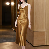 Sexy Sling Dress Women's 2023 Summer plus Size Silk Satin Dress Can Be Outer Wear Inner Wear Mid-Length Overknee A- line Skirt