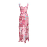 2025 style 2025 spring new women's clothing fresh and sweet pink flower print high split dress