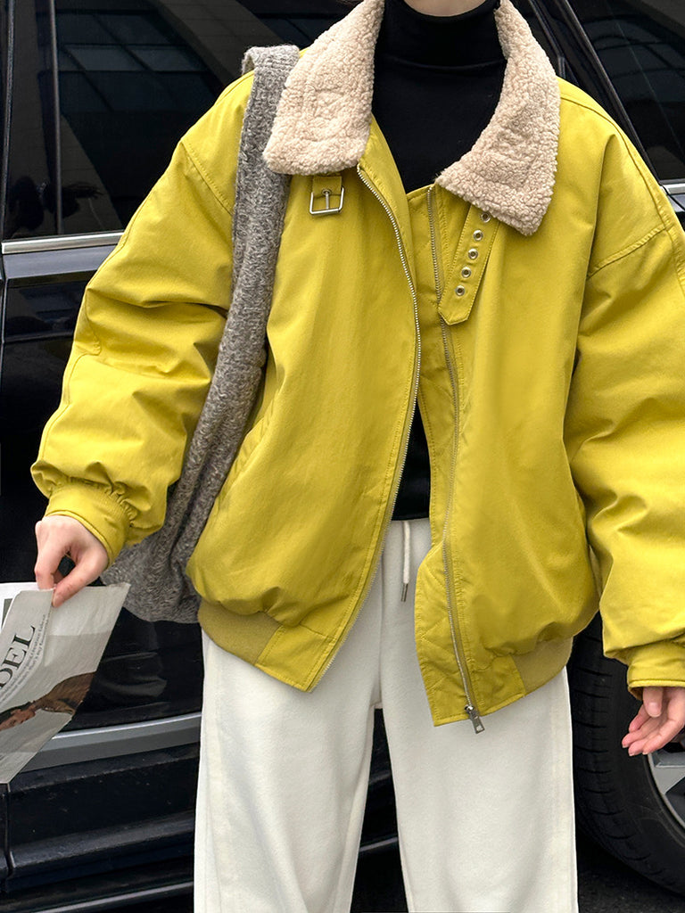 2025 popular autumn and winter new Korean version splicing lamb wool lapel thickened warm white duck down cotton clothes 820-2