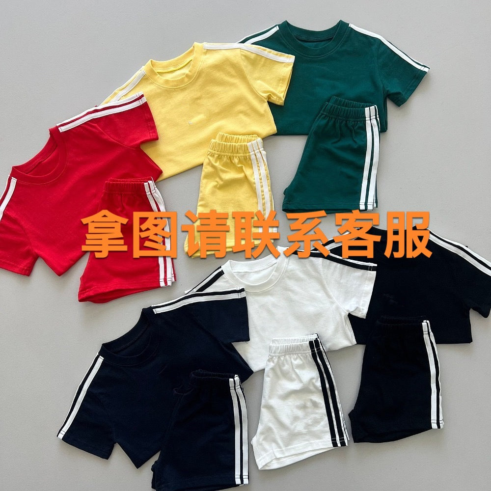 South Korea Children's Clothing Boys and Girls Letter Short-Sleeved Shorts Summer Children's round Neck T-shirt Boys Simple Two-Piece Embroidery