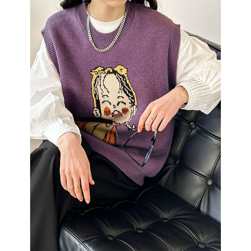 2025 popular spring cartoon knitted vest women's Korean loose lazy wind vest sweater vest 867