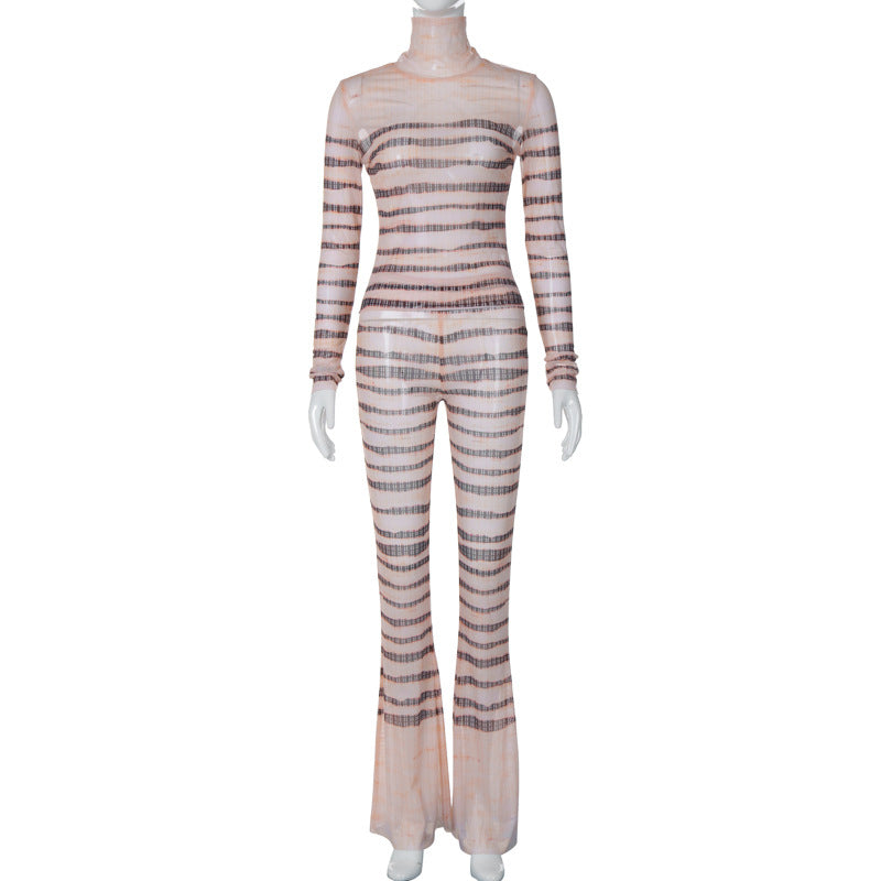 GOOSUDU New hot-selling sexy striped turtleneck slim long-sleeved top slim long flared pants suit women