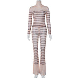 GOOSUDU New hot-selling sexy striped turtleneck slim long-sleeved top slim long flared pants suit women