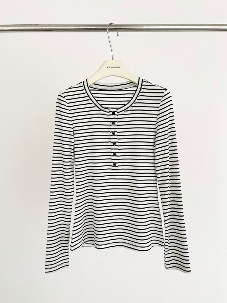 2025 ES MODISH spring new product casual and thin horizontal striped long-sleeved T-shirt button design outer wear pullover knitted sweater