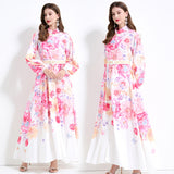 new  holiday style elegant long dress women's strap waist lantern sleeve printed pendulum dress