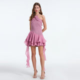 Purple Xiaoxiangfeng neck dress women's niche design sense sweet and gentle wind lace ruffle leaf edge vacation skirt