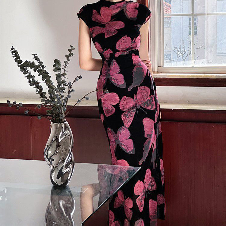 2025 Spot popular spring and summer new Chinese style improved printed cheongsam dress female spring royal sister wind waist thin dress