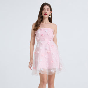 gentle atmosphere tube top dress women's summer mesh three-dimensional flower light luxury fairy A-shaped skirt