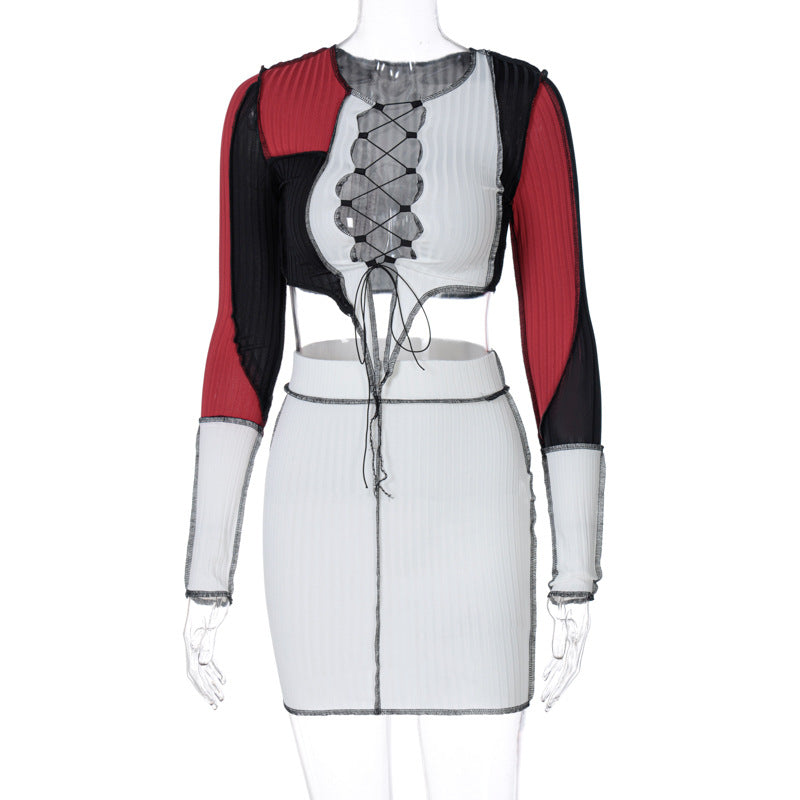 GOOSUDU Popular, 2025 2025 spring explosion new chest strap hollow contrast T-shirt short skirt anti-car edge suit Popular trade women