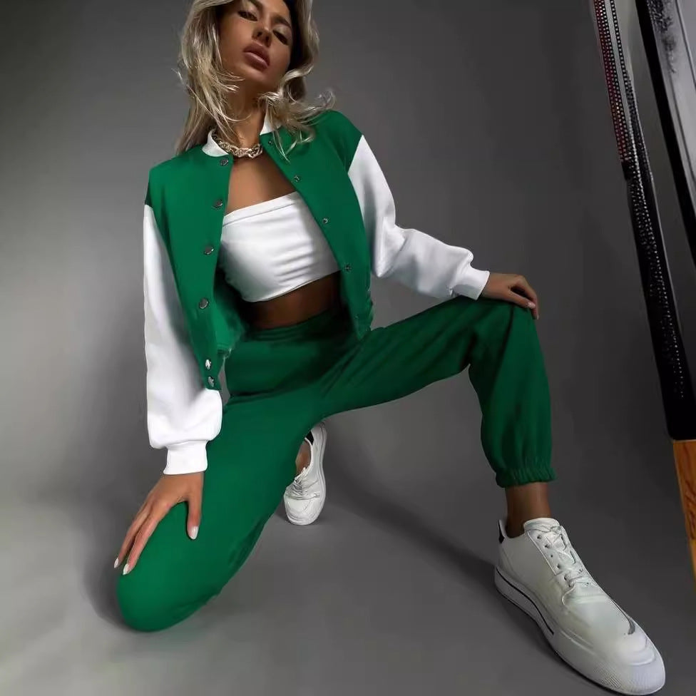 GOOSUDU New 2025 autumn and winter color matching long-sleeved short sweater baseball jacket women's two-piece leggings suit fashion and leisure