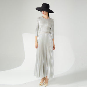 2025 Pleated suit women's fashion high-end women's clothing spring and autumn new hardware girl crew neck T-shirt top fashion skirt