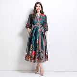 Popular trade export women's clothing  spring new V-neck ethnic style printed satin wrap long dress