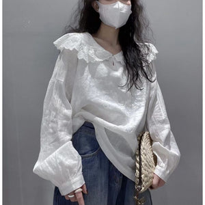 Plato temperament doll collar sweet design niche white cotton and linen comfortable shirt women