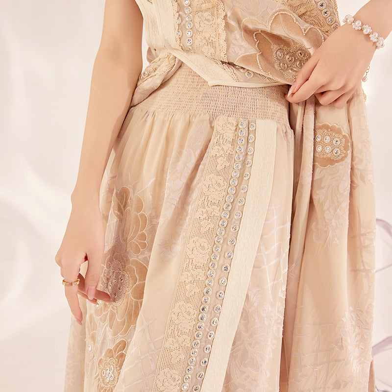 winter new Chinese light luxury stand-up collar bead embroidery sleeveless silk national style vest long dress set MY012