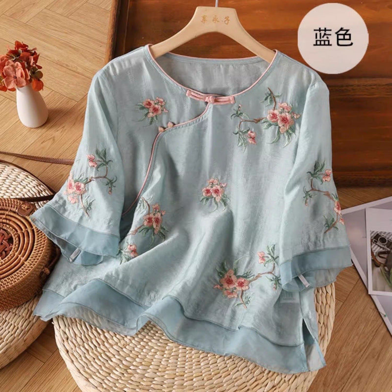 Literary retro embroidered cotton and linen shirt  summer new loose large size casual zen tea clothes shirt top