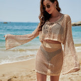 GOOSUDU 2025 knitted blouse set, flared sleeves, loose vacation sunscreen, women's