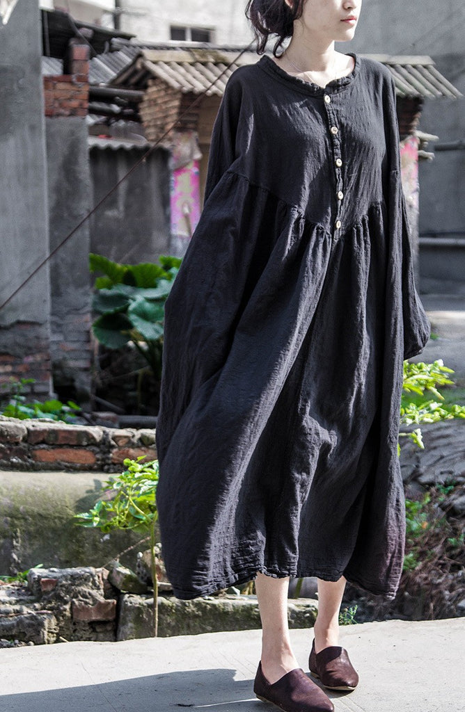 Shan Qian Nianyi, retro creative design atmospheric lantern sleeves super loose cotton and linen dress