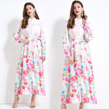 new  holiday style elegant long dress women's strap waist lantern sleeve printed pendulum dress
