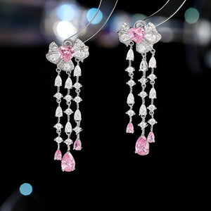 2025 S925 silver needle niche temperament high-end dinner dress bridal earrings bow long water drop fringed earrings