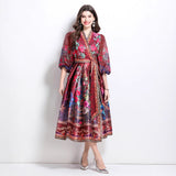 Popular trade women's clothing  spring new V-neck ethnic style printed satin wrap long dress