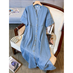 casual denim thin slim dress women's summer dress new fat mm fashion versatile meat cover medium and long dress