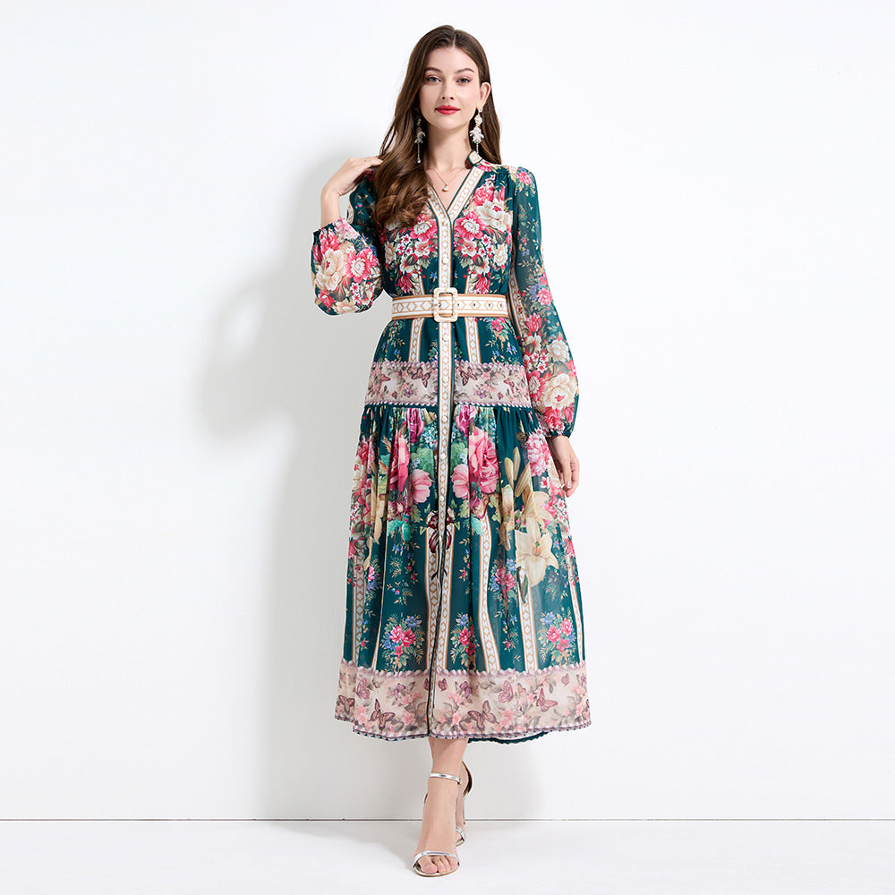 Hot Trade Women's Clothing Court Style Lantern Sleeves Printed Long Sleeves Temperament Lotus Leaf Edge Long Dress Chiffon Two Pieces
