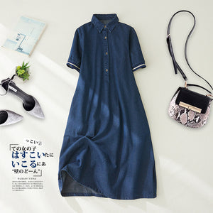 First-line brand withdrawal tail goods retro a-word denim dress thin loose short-sleeved shirt medium and long skirt