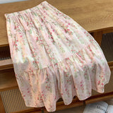 Small fresh pink and green floral skirt women's  summer new gentle wind temperament thin printed umbrella skirt
