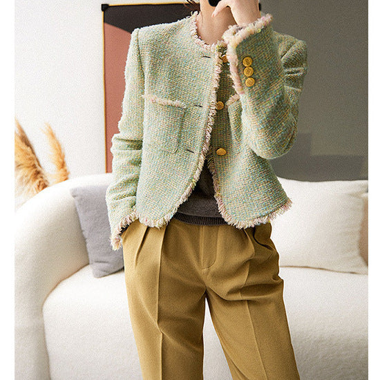 2025 Spring and Autumn Xiaoxiangfeng Jacket  New Autumn Clothing Color-woven Tweed Short Top Women's Green Spring Wholesale