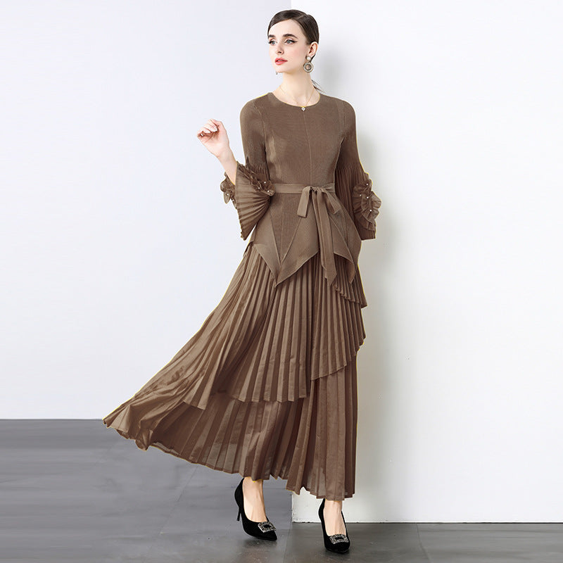 Spring new  light luxury temperament elegant fashion pleated clothes two-piece temperament irregular skirt
